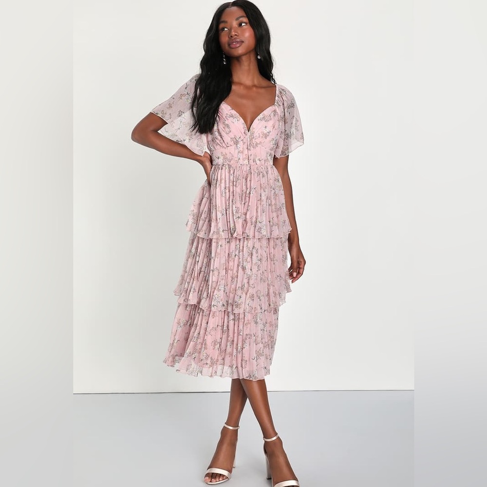 Lulus Mauve Floral Pleated Midi Dress (out of stock online!)